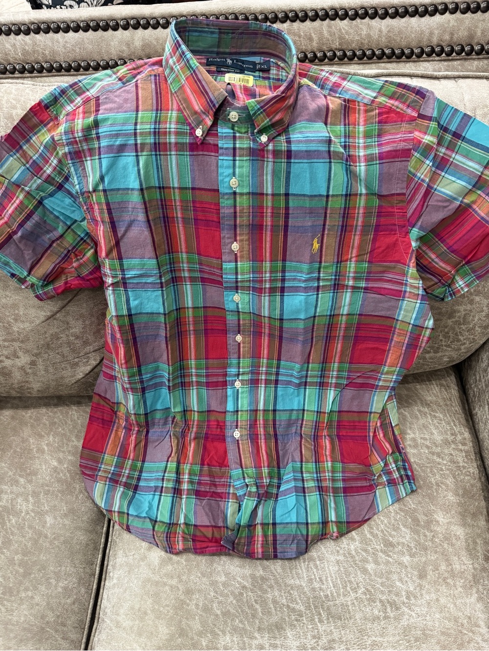 New Men’s Latge Ralph Lauren Plaid Button-Down Short Sleeve Shirt - Multi-Color